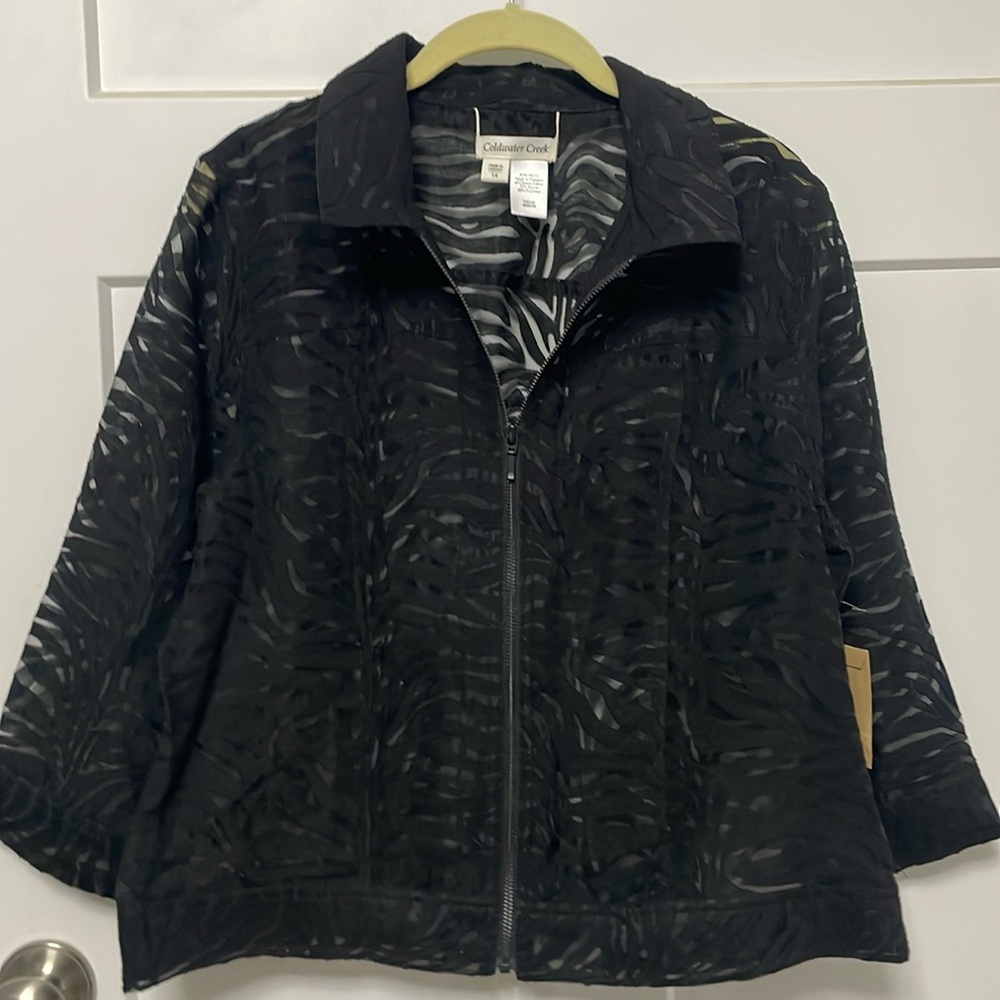 NWT. Size 14. Coldwater Creek sheer blazer. safari burnout blazer. Black.